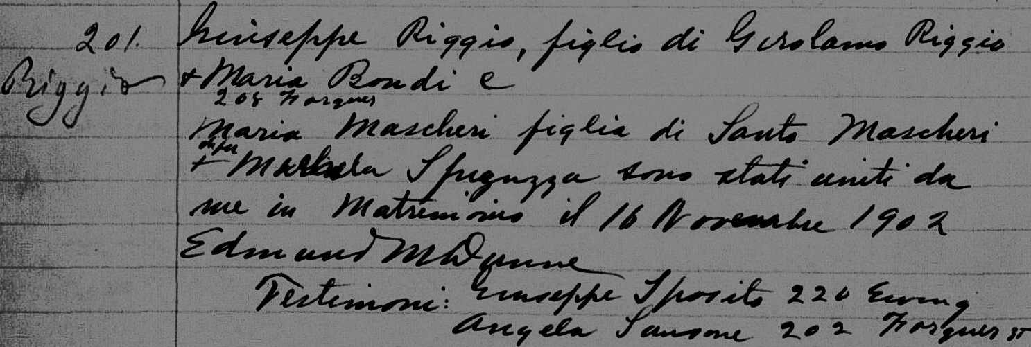 Riggio &amp; Mascari Chicago Marriage 1902