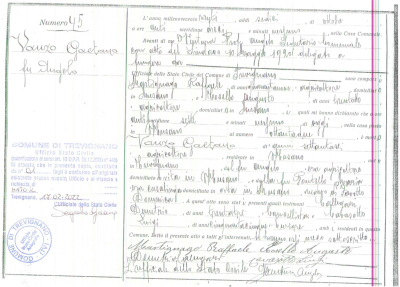 Gaetano Vanzo - Death Certificate - Trevignano - Entry #45 marked up.png