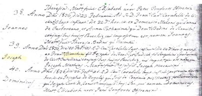 Log entry of the baptism of Joseph Bianchini